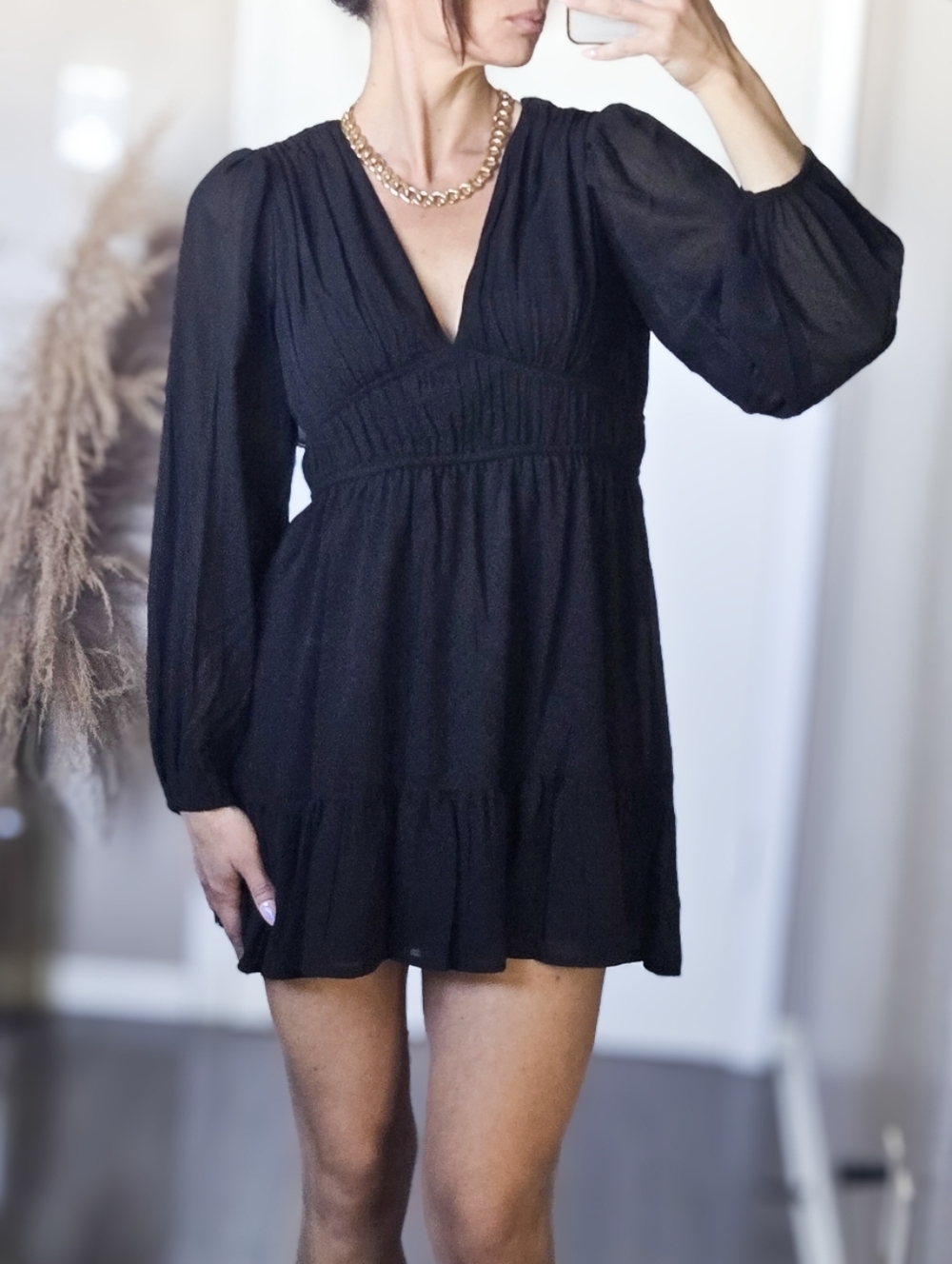Japna Black Long Sleeve Babydoll Mini Dress Size Small Feminine Date Night